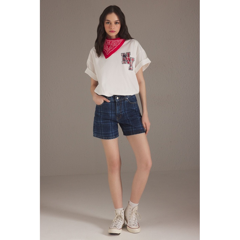 Women's Blue Straight Mini Shorts High Waist Shorts & Bermudas