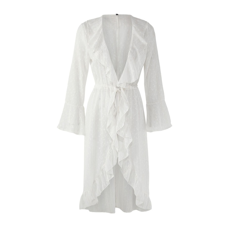 Women's Ecru Straight Three Quarter Sleeve Regular Kimono & Kaftan