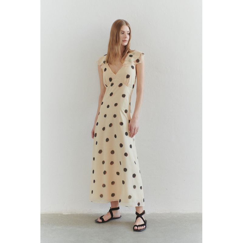 Women's Yellow Spotted Maxi Hanging Day And Night Regular Dress