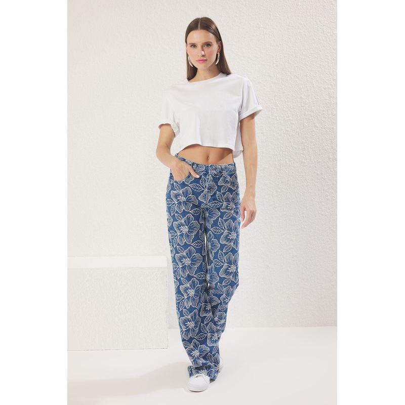Women's Navy Blue Flowering Wide Leg Normal Waist Jeans