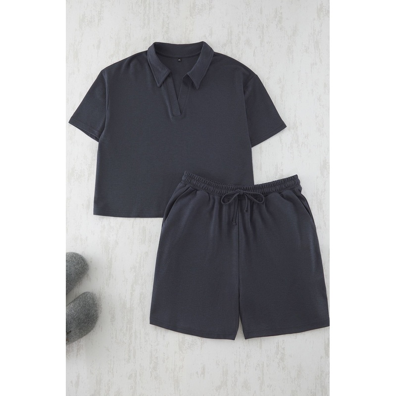 Curve Women's Grey Straight Short Casual/daily Relaxed Plus Size Top And Bottom Set