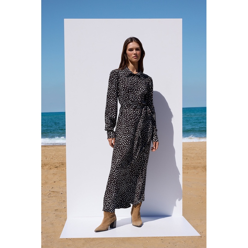 Modest Women's Brown Spotted Maxi Long Casual/casual Skater Hijab Dress