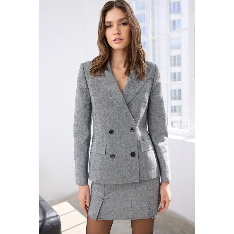 Women's Grey Herringbone Long Regular Blazer Jacket