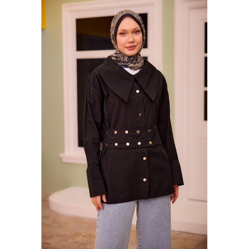 Black Shirt With Gold Button And Belt Details