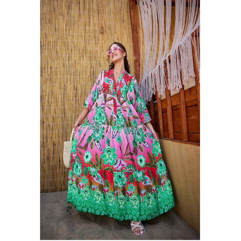 Botanical Pattern Dress - Pink-Red