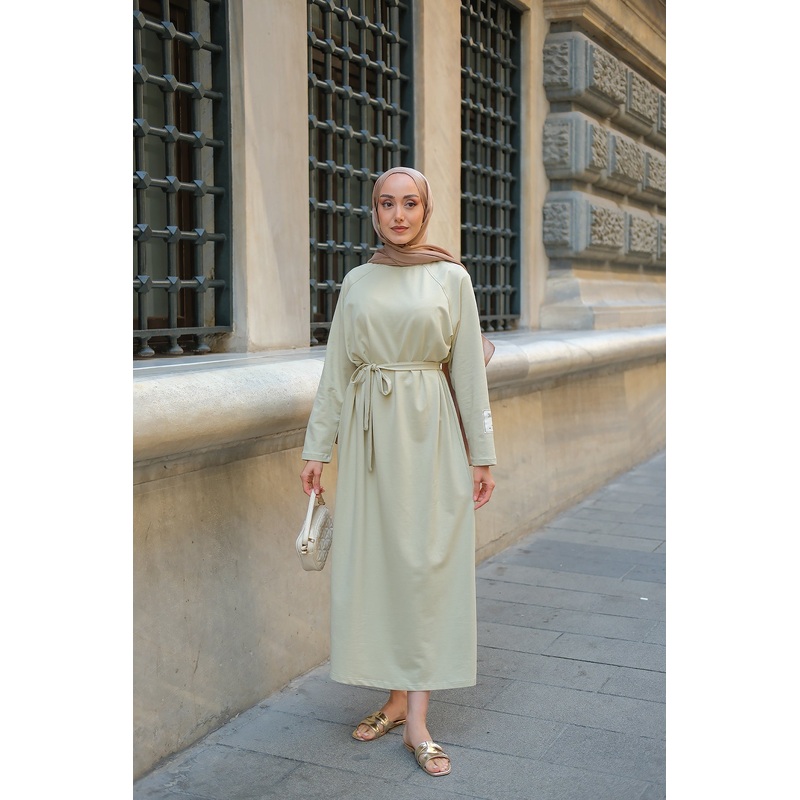 Crew Neck Dress With Sleeve Patch Detail - Light Green