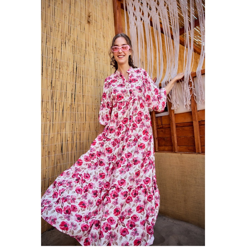 Ethnic Floral Pattern Dress - Fuchsia