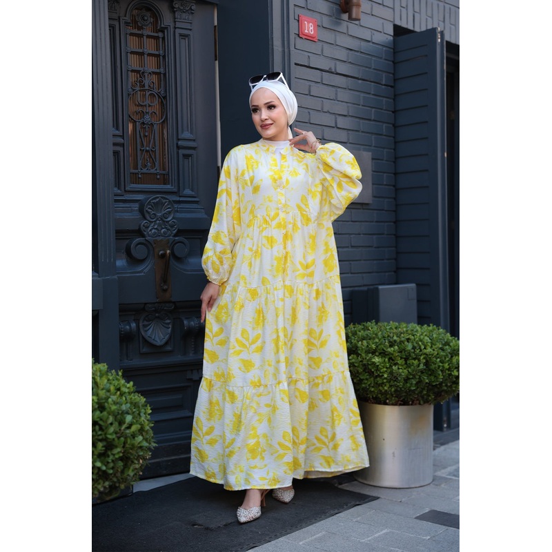 Leafy Abstract Pattern Dress  Yellow