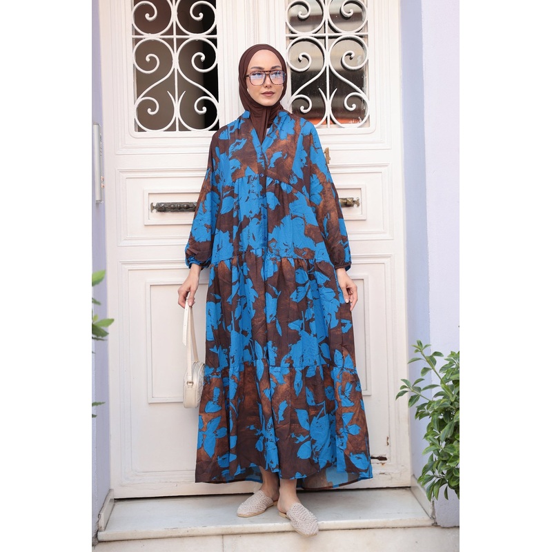 Mixed Leaf Pattern Dress  Blue