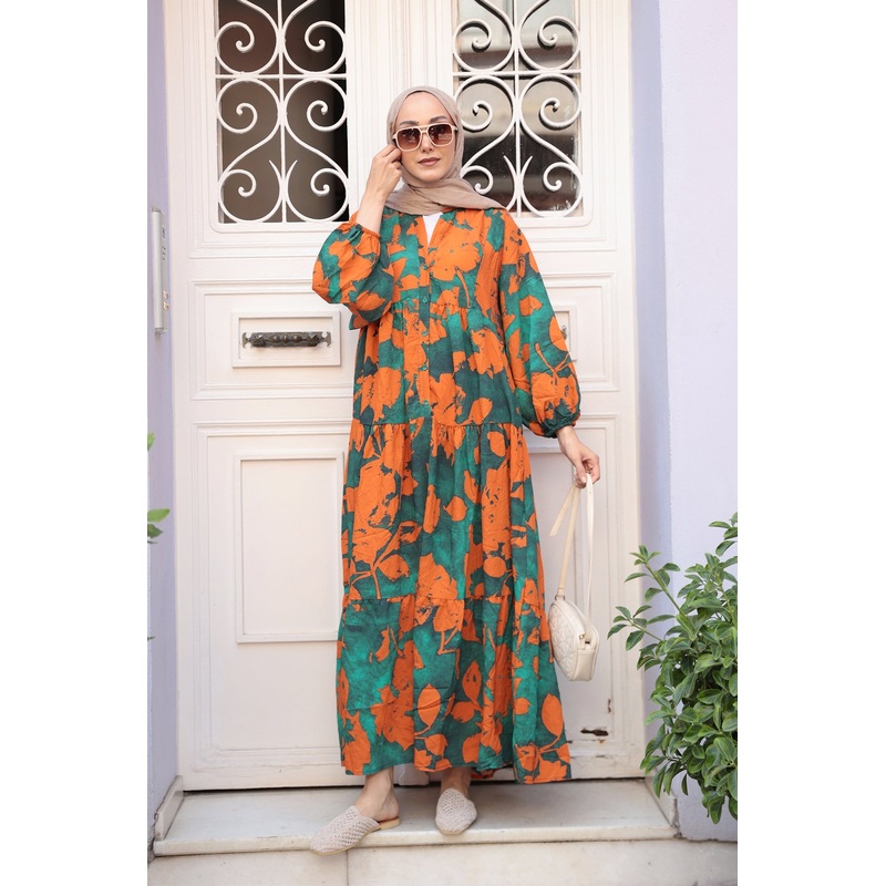 Mixed Leaf Pattern Dress  Orange