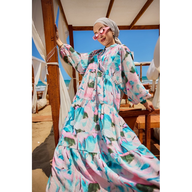 Mixed Pattern Dress - Blue