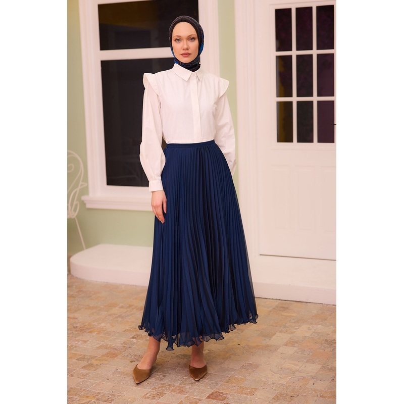 Navy Blue Chiffon Skirt With Zipper Details