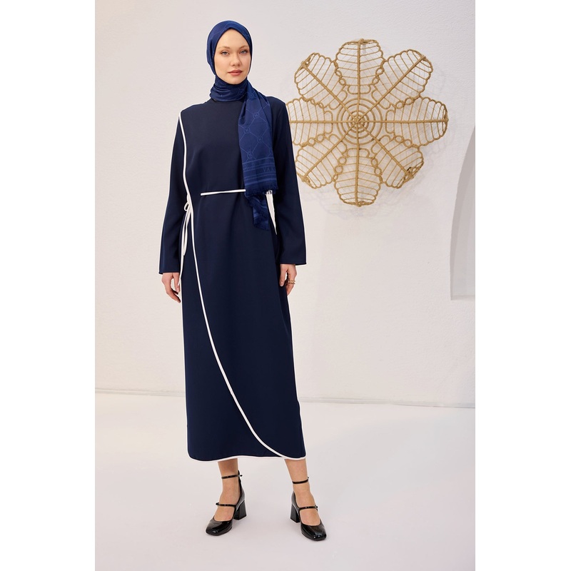 Navy Blue Scuba Dress With Piping And Self-Tie