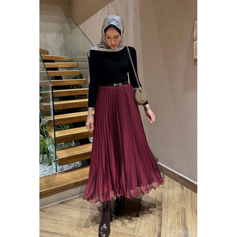 Pleated Skirt With Zipper Detail - Bordeaux