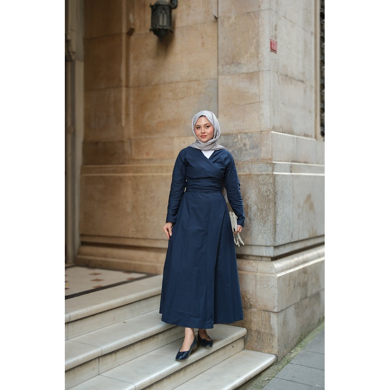 Self-Tie Navy Bluen Poplin Dress