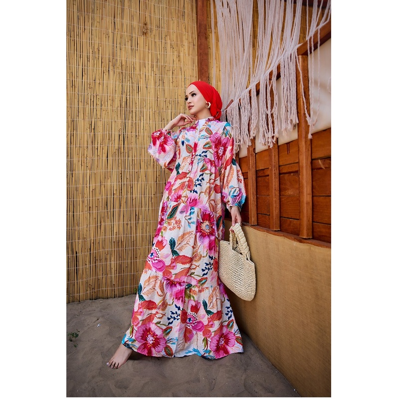 Spring Blossom Pattern Dress - Fuchsia