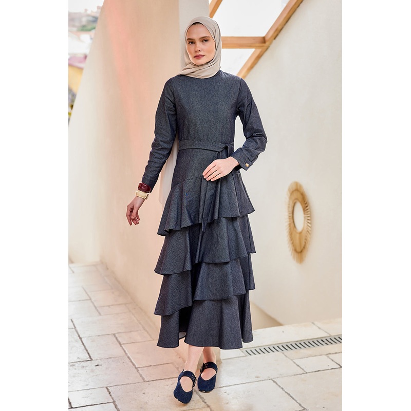 Ruffled Hem Denim-Look Dress Navy