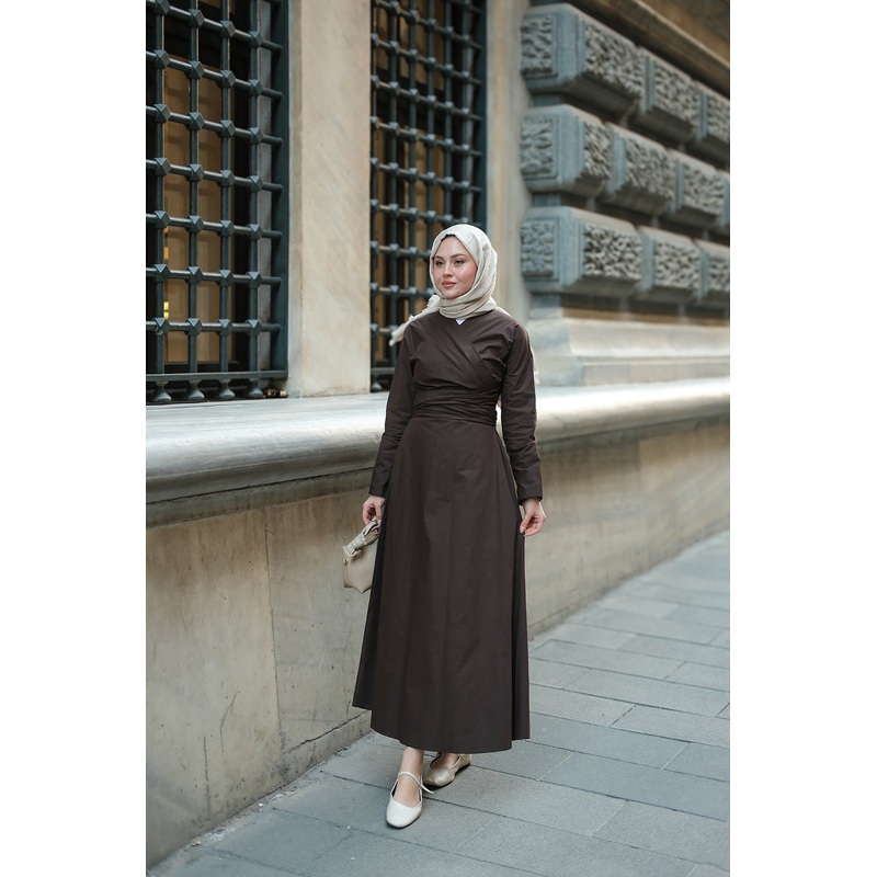 Self-Tie Poplin Dress n Brown