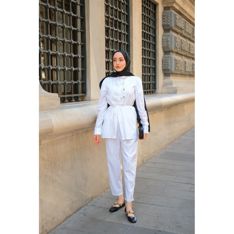 Button Detailed Suit White