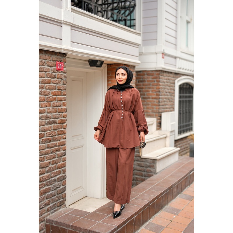 Front Button Detail Two-Piece Suit - Brown