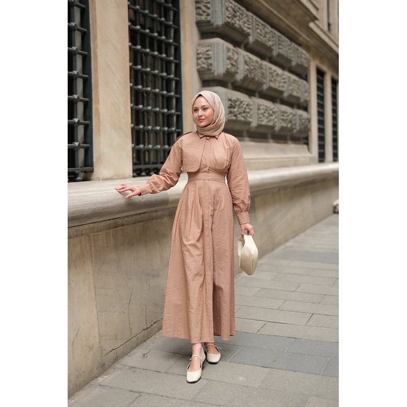 Hidden Button Epaulet Detail Dress Mink