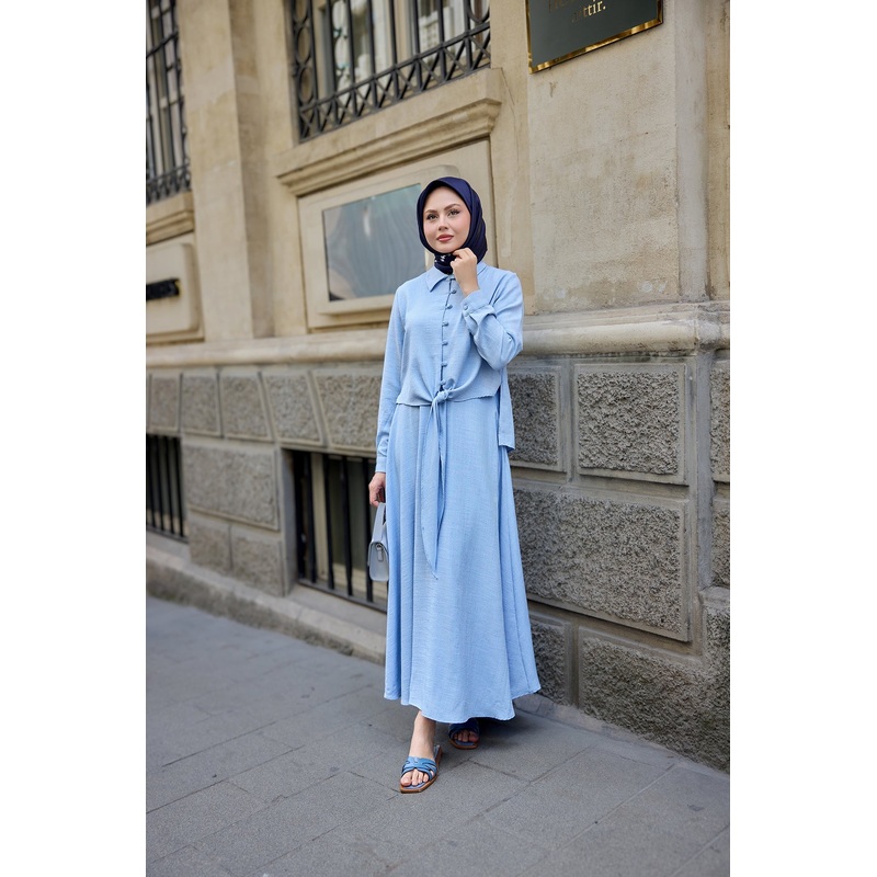 Shirt-Tied Linen Suit Light Blue