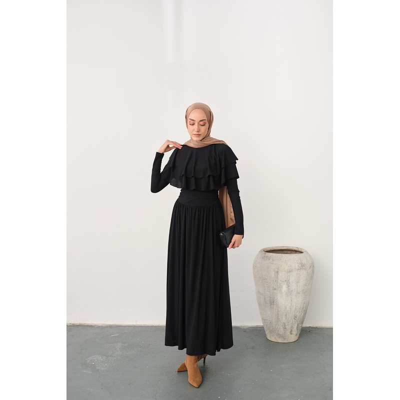 Shoulder Ruffle Detail Dress  Black