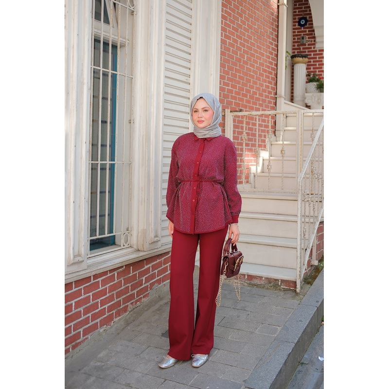 Stone-Embellished Buttoned Shirt Collar Suit - Burgundy