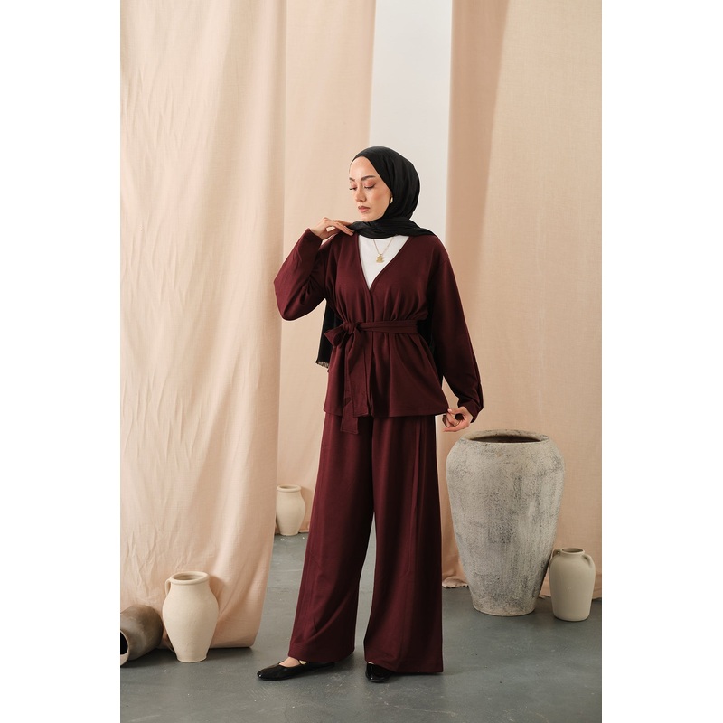 Waist-Tie Kimono Set  Burgundy