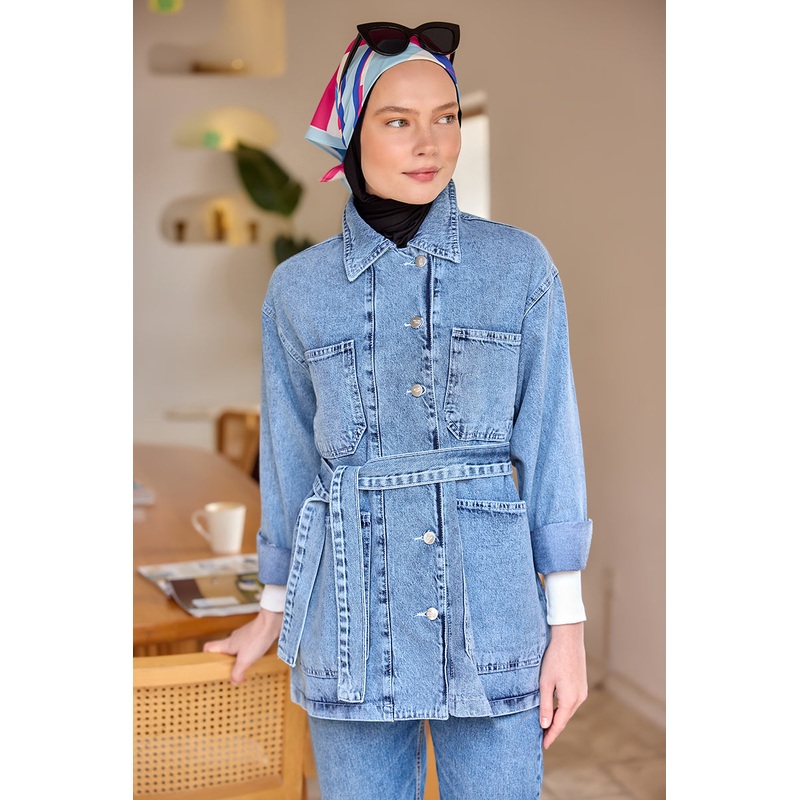 Belted Denim Jacket Ice Blue
