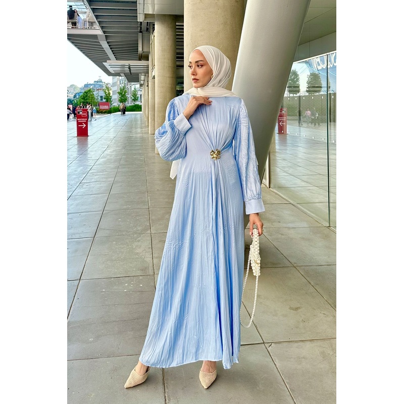 Front Pleated Wrinkled Dress Blue