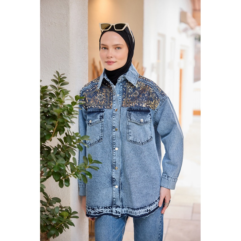 Gold Foil Patterned Jean Jacket Ice Blue
