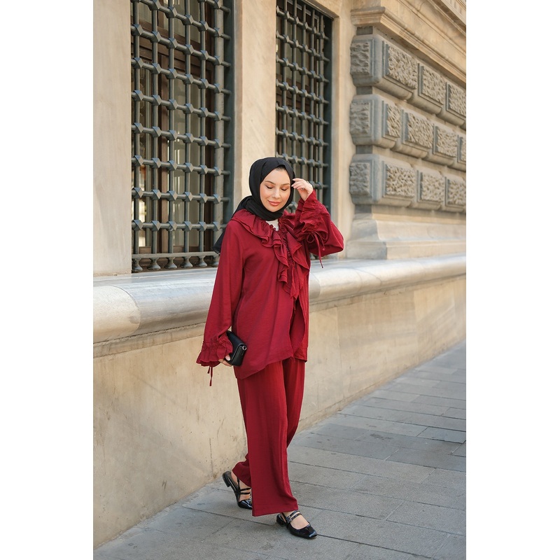 Ruffled Detail Two-Piece Set n Burgundy