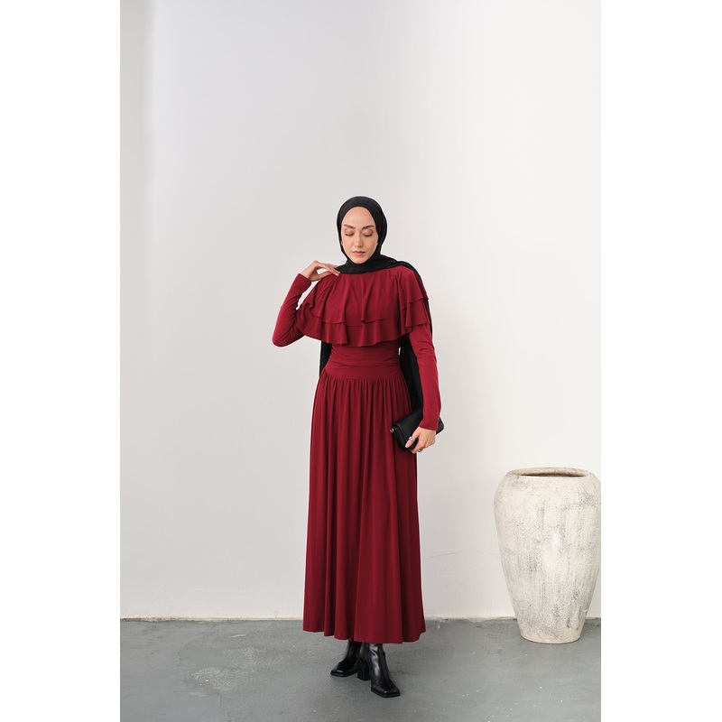 Shoulder Ruffle Detail Dress  Burgundy