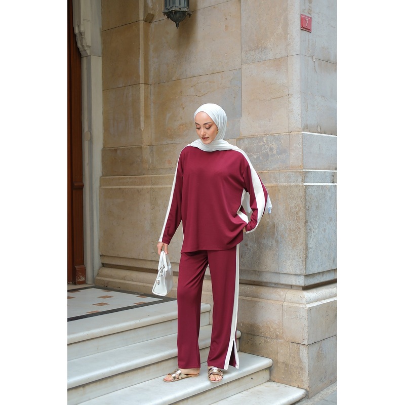 Side Stripe Detail Two-Piece Set - Burgundy
