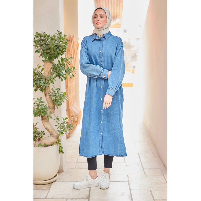 Snap Detail Midi Length Denim Jacket Ice Blue