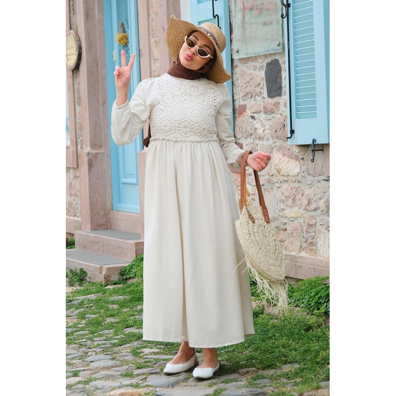 Women's Lace Front Lined Linen Hijab Dress Stone