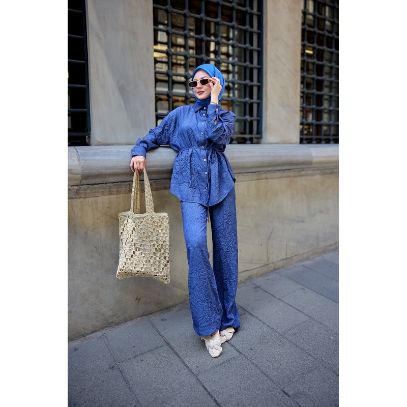 Wrinkled Fabric Suit Lacivert