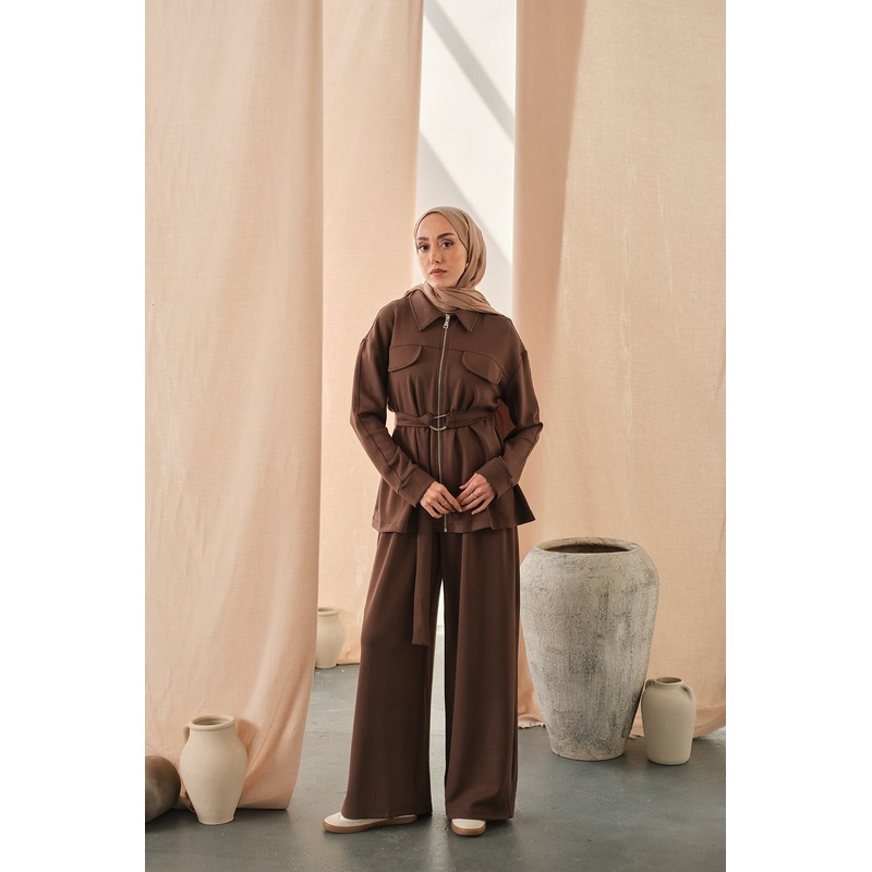 Zipper Detail Waist-Tie Two-Piece Set  Brown