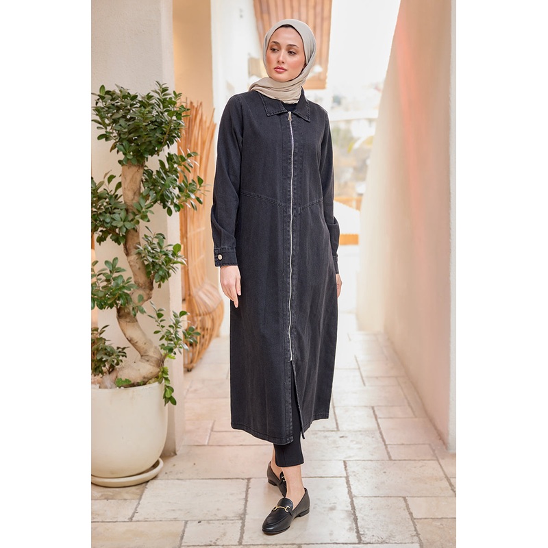 Zippered Midi Length Denim Jacket Black