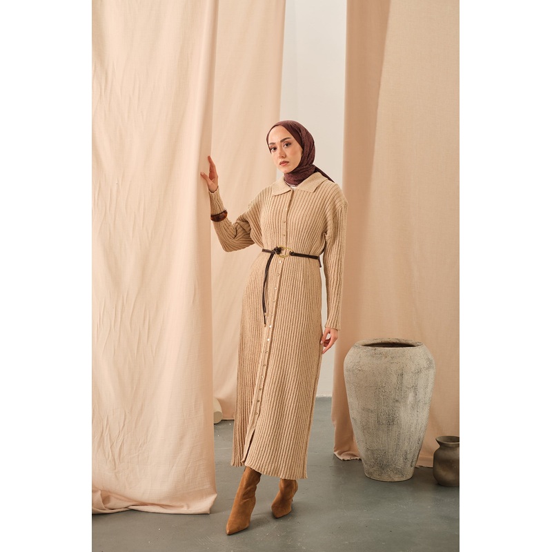 Button Detail Knit Dress  Beige