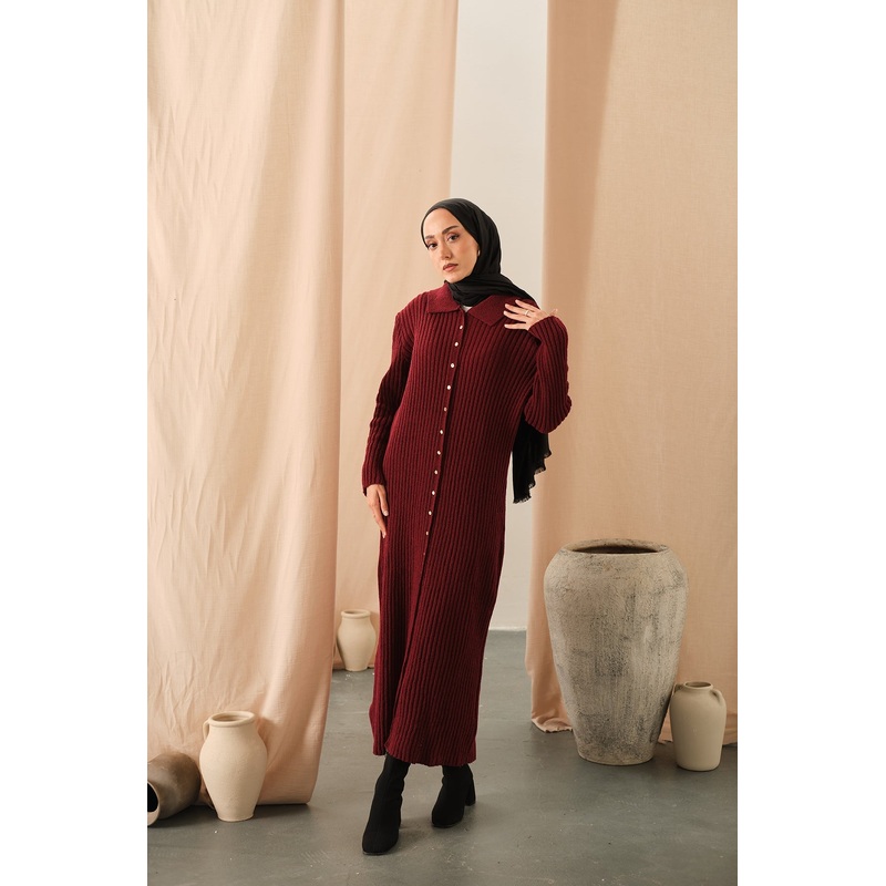 Button Detail Knit Dress  Burgundy