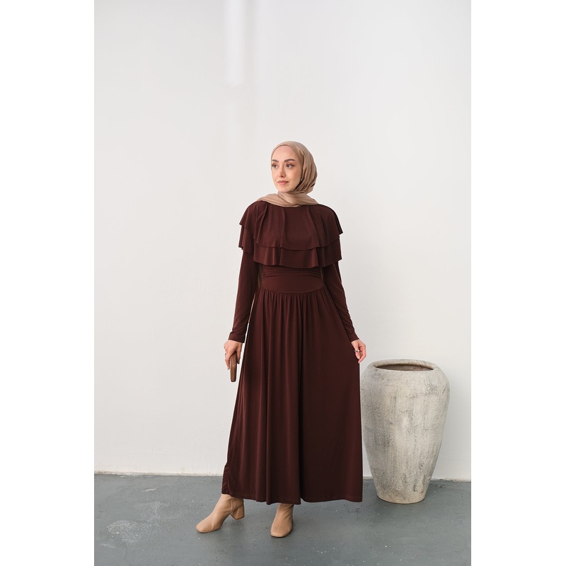 Shoulder Ruffle Detail Dress  Brown
