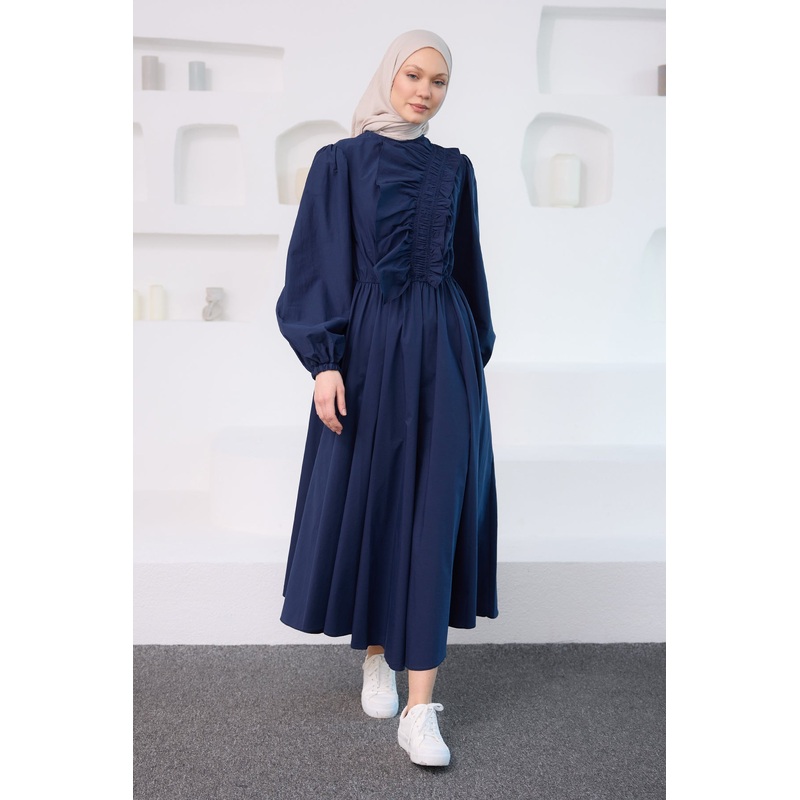 Asymmetric Ruched And Frilled Detail Dress Navy Blue