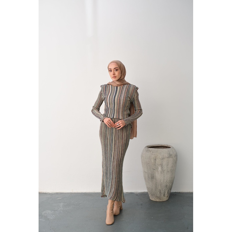 Glitter Stripe Pattern Skirted Set  Salmon