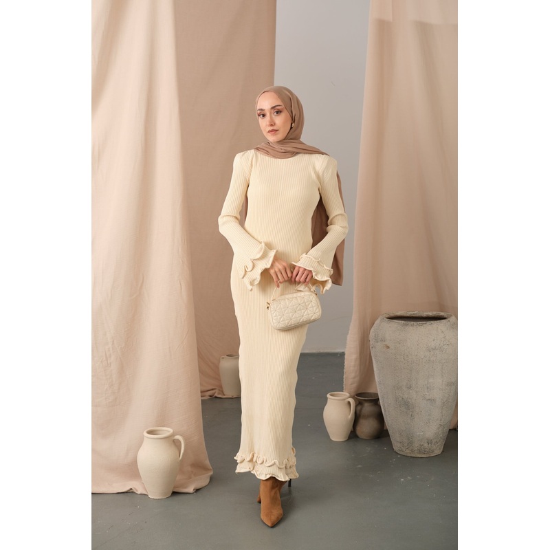 Ruffle Detail Dress  Cream