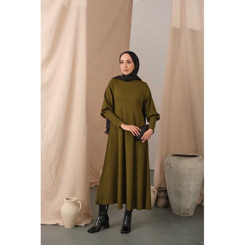 Self-Patterned Knit Dress  Olive Green