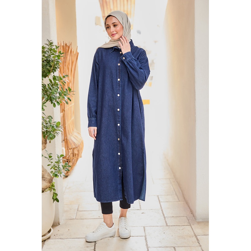 Snap Detail Midi Length Denim Jacket Navy Blue