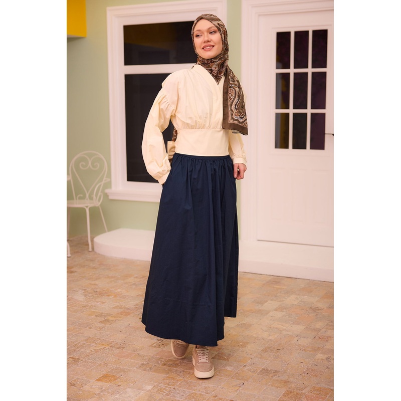 Beige Set With Contrast Colored Blouse