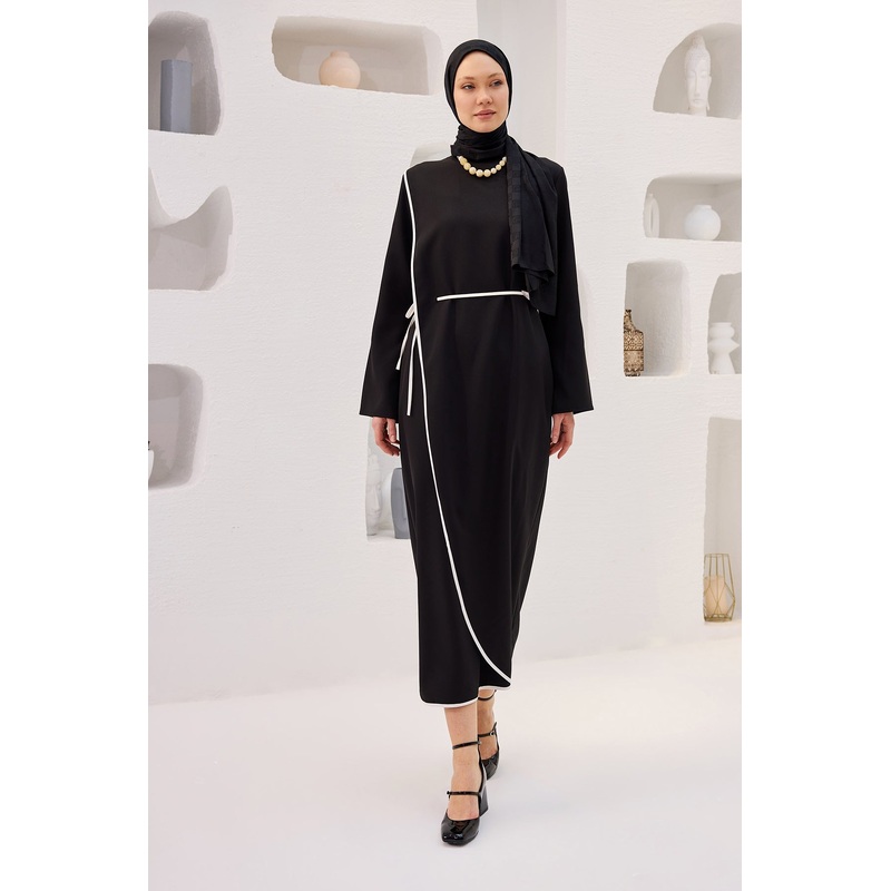 Black Scuba Dress With Piping And Self-Tie